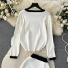 2024 primavera coreana lavorata a maglia o-collo due pezzi set donna manica lunga fiore pullover + elastico in vita gonna lunga abiti abiti