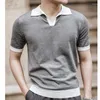 Herrpolos sommarkontrast färg sömmar kortärmad t-shirt brittisk smal lapel stickad randig casual v-hals polo skjorta