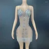 Casual Dresses Flashing Silver Rhinestone Crystals Fringes Transparent Short Dress Birthday Celebrate Costume Evening Dancer