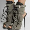 Stivali Moda Verde Militare Ritagli Combattimento Caviglia Per Donna Donna Peep Toe Lace Up Sandali Estivi Cinturino Scarpe Tacco Alto