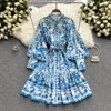 Casual Dresses Palace Retro Dress Spring Autumn Women Long Lantern Sleeve Single Breasted Floral-Print Lace-Up Mini Casual Lantern dress