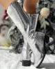 Botlar Buzağı Kadın Metalik Tıknaz Kovboy Tarzı Ayakkabı Kafası Silver Women's Diz-Highed Toe High Botas