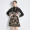 Casual Dresses Autumn Occident Feminino Kne Length Chiffon Patchwork Black Color Lace Hollow Out Full Sleeve A-Line Office Vestido