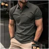 Heren T-shirts Heren T-shirts Casual Effen Gebreide Overhemden Heren Klassieke Turn-Down Kraag Button-Up Plevier T-shirts Voor Kleding Zomer Kort S Dhsba