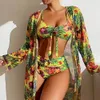 Frauen Badeanzug Bikini 3 Stück Sexy Gepolsterte Bikini Set Mit Mesh Langarm Cover Ups Brasilianischen Strand Badeanzug Sommer 240220