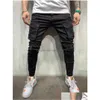 Männer Jeans Schwarz Männer Biker Cargo MTI Tasche Slim Fit Joggers Hosen Männliche Zerrissene Loch Motorrad Streetwear Denim Bleistift Hosen dro Dhwvo