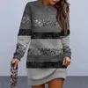 Casual Dresses Women Fall Winter Dress Striped Color Block Shiny Sequin Löst rund hals långärmad över knälängd lapptäcke mini