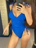 Traje de baño para mujer con cuello en V arrugado con cordones Traje de baño para mujer Traje de baño de una pieza Traje de baño para mujer Corte de pierna alta Monokini Bañista Traje de baño Nadar V4736 T240227