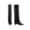 Boots Pleats Black Genuine Leather Thigh High For Women Autumn Stiletto Pointed Cowboy Woman Slip On Western Long