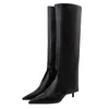 Boots Pleats Black Genuine Leather Thigh High For Women Autumn Stiletto Pointed Cowboy Woman Slip On Western Long