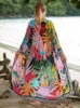 Podstawowe sukienki swobodne nadruk bohemian plus size Batwing Rękaw długi sukienki kimono Sukienki Summer 2024 Kobiety luźne kombinezon na plażę przykrycie Q1512 T240227