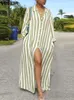 プラスサイズのドレスvonda 2024秋のエレガントな長いシャツドレス女性カジュアルストライプマキシベスティラペルボタンダウンヴィンテージパーティーサンドレス