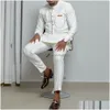 Men'S Tracksuits Mens Kaftan Summer Suit Round Neck Long-Sleeved Top Pants African Male Traditional Outfit National Style 2Pcs Cloth Dhpsx