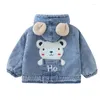 Jackor 2024 Korean Autumn Winter Baby Boys Denim Jacket Cartoon Bear Hooded Plus Velvet Outerwear Coat 1-6 Year Kids Parka Outfits