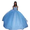 Princess 3D Flowers Quinceanera Dresses Floor Length Appliques Sweetheart Neck Long Light Sky Blue Tulle Ball Gown Special Occasion Gowns Sweet 16 Dress