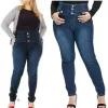 pantaloni Plus Size Button Up Slim Skinny Blu scuro Jeans a figura intera 4XL 5XL Pantaloni da donna in denim sottile elasticizzato a vita alta Pantaloni da donna