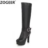 Stiefel Winter Kniehohe Frauen Herbst Ritter Schwarz Weiß Große Größe Heels Plattform Reißverschluss Mode Schnalle Damen Lange Schuhe