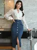 H Han Queen Autumn Professional Woman 2 Pieces Set Simple Ruffles White Tops High Waist Split Pencils Skirt Korean Skirts Suit 240226