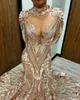 Dresses Sexy Champagne High Neck Illusion Mermaid Long Sleeves Rose Gold Sequined Lace Sequins Evening Dress Prom Gowns Corset Train Zipper Back