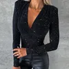 Kadınlar bluzlar 2024 Zarif parıltı noktaları kazık bluz ofis seksi derin v yaka vücutcon gömlek kadınlar rahat uzun kollu üstler sokak kıyafetleri