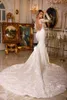 New Lace Mermaid Wedding Dresses Sheer Long Sleeves Tulle Applique High Neck Illusion Back Court Train Bridal Gowns With Buttons Back BC15860