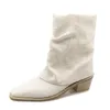 Boots 2024 White Cloth Women Shoes Trousers Mid-Calf Black Leather Square Head Botas Mujer Chunky Heels Sapatos Feminino Winter