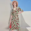 Sukienki swobodne zielone kawę szyfonowy jedwabny kwiatowy sukienka maxi kobiet 2024 Lato długa praca plaż