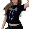 女性のTシャツ女性Y2Kグラフィックプリントベイビーかわいいラインストーン弓クロップトップファッションプルオーバーEガールズTシャツ美学服