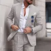 Broek Linnen Pak Bruiloft Pakken voor Mannen 2023 Luxe Revers Kraag Top + broek 2 Delige Set Singlebreasted Vlas Trajes Elegante Para Hombre