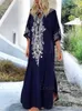 Basic Casual Dresses Indie Folk Embroidery Sexy V-Neck 2024 Spring Summer Beach Dress Tunic Women Beachwear kaftan Maxi Dresses Q775 T240227