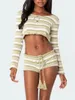 Women's Shorts Women Casual Knit Set Long Sleeve Striped Ruffles Crop Top And Drawstring Summer 2 Piece Outfits Streetwear