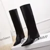 Boots Pleats Black Genuine Leather Thigh High For Women Autumn Stiletto Pointed Cowboy Woman Slip On Western Long