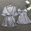 Women's Sleepwear 2PCS Leepwear Female Pajamas Set Satin Home Pyjamamas Lace Robe Sleep Suit V-Neck Wedding Nightwear Wear Nighty&Rob