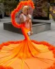 Prom Burnt Orange Dresses Sexy Deep V Neck Sheer Long Sleeves Appliques Beads Evening Mermaid Feather Formal Party Gowns For African Black Girls BC