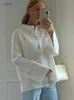 Jyate Fashion Woman Bluses Elegant Lapel Long Sleeve Office Lady Shirts Casual Loose White Pockets Tops Female Clothing 240227