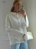 Jyate Fashion Woman Blouses Elegant Lapel Long Sleeve Office Lady Shirts Casual Loose White Pockets Tops Female Clothing 240227