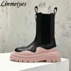 Botas clássicas chelsea botas femininas sola grossa meia panturrilha cor única plataforma sapatos de couro genuíno botas de motocicleta femininas