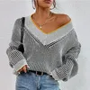 Spring and Autumn V-neck, loose and slim, bat-sleeved sweater, striped contrasting pullover knit top