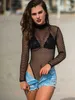 Kadın Mayo S- XL Kadın Mayo Seksi Mesh Fishnet Sheer Uzun Kollu Yüksek Kesim Tek Parça Mayo Kadın Bater Mayo Yüzme V1595 T240227