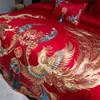 Set di quattro pezzi in stile cinese anni '60 Xinjiang a fiocco lungo, ricamo rosso da sposa in puro cotone di fascia alta, copripiumino leggero