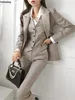 Fashion Office Lady 3 Piece Blazer Suit Women Business Formal Outfits Vintage notched Lapel Jackets Button Vest Pants Set 240219