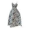 Casual Dresses Fashionabla Mid-Längd Dress Sling Elegant Vintage Floral Print Midi For Women V-Neck Summer High Waist