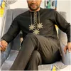 Men'S Tracksuits Mens Kaftan Summer Suit Round Neck Long-Sleeved Top Pants African Male Traditional Outfit National Style 2Pcs Cloth Dhpsx
