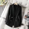 Femme noir Blazer Double boutonnage manteau femmes tempérament taille enveloppé de haute qualité mince couleur unie polyvalent costume veste 240227