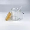 Hoog borosilicaatglas Groothandel bulk 9oz 15oz blanco sublimatie sneeuwbol glitterflow dubbelwandige glazen bekermokken met bamboe deksel en rietje, verkocht per doos