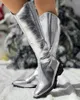 Botlar Buzağı Kadın Metalik Tıknaz Kovboy Tarzı Ayakkabı Kafası Silver Women's Diz-Highed Toe High Botas