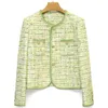 여성용 재킷 2024 스프링 가을 고품질 달콤한 녹색 격자 무늬 포켓 트위드 O- 넥 짧은 코트 F098