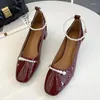 Dress Shoes Sweet Nude Lace-up High Heels Women 2024 Pearl Square Heel Small Leather For Shallow Thick Casual Single