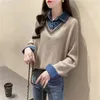 Damestruien Dames Denim Shirt Patchwork Gebreid 2024 Mode Lange mouw Lente Herfst Gebreide trui Vrouwelijke casual hoodie