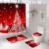 Christmas Tree Bathroom Set Shower Curtain Set Waterproof Santa Claus Anti-skid Rugs Toilet Cover Bath Curtains Set with Hooks 240222